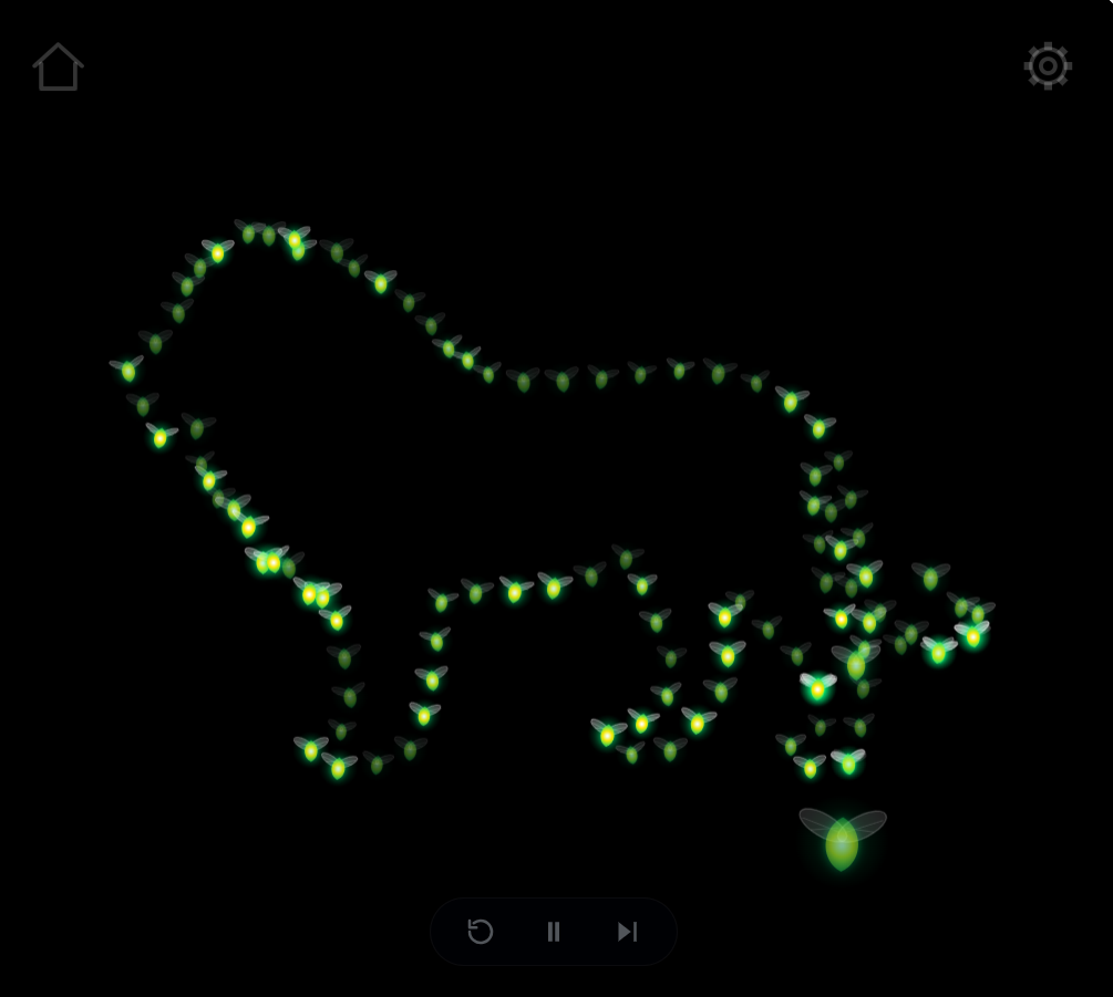 More fireflies line up along the contour until the lion's shape is clearly recognizable.