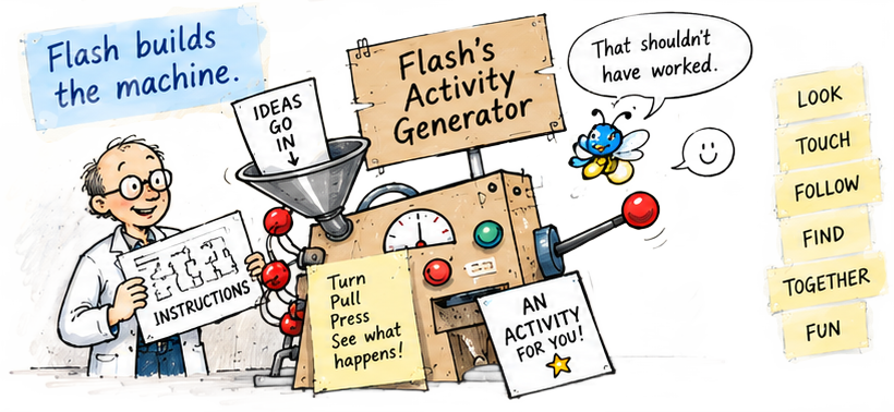 Flash builds the machine. A teacher holds instructions beside a contraption labelled Flash's Activity Generator with a funnel marked Ideas go in, a note reading Turn. Pull. Press. See what happens!, and a card saying An activity for you! Flash says: That shouldn't have worked. Notes list: Look, Touch, Follow, Find, Together, Fun.