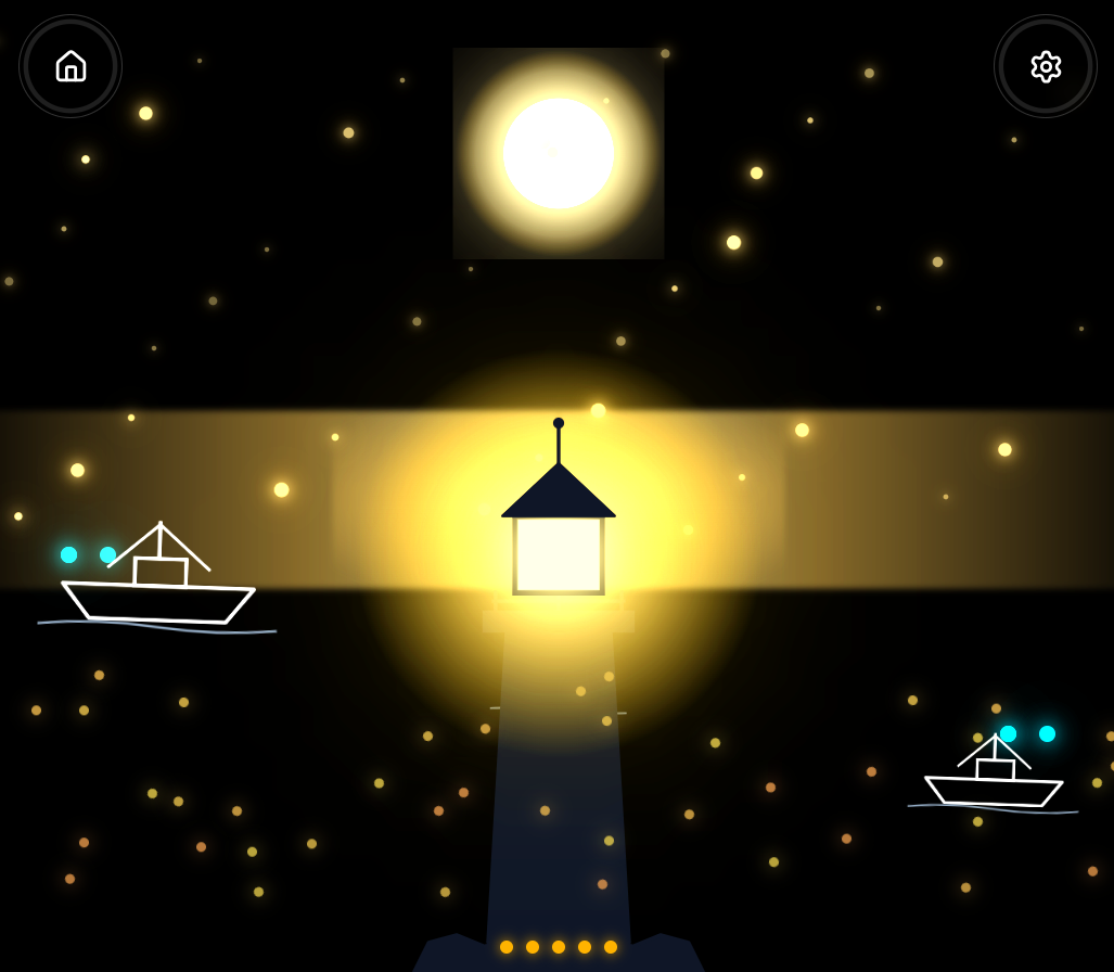 The completed scene: a glowing full moon, a wide golden beam, two outlined boats with cyan lights, and little lights sparkling across the ocean.