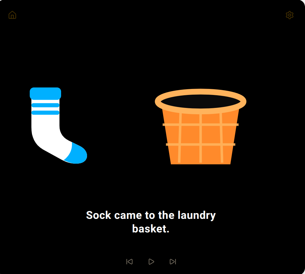 Story page with the sock and laundry basket on a plain black background.