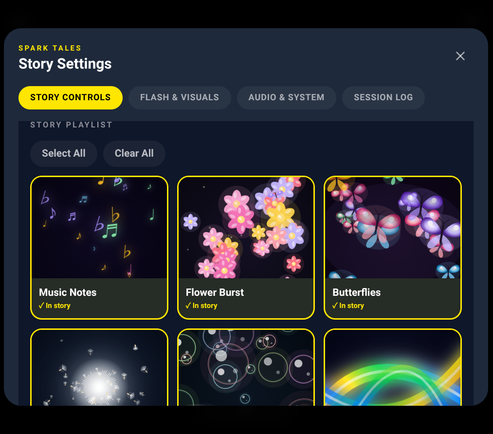 Spark Tales Story Playlist showing Music Notes, Flower Burst and Butterflies scenes, with dandelion, bubble and color-ribbon scenes below.