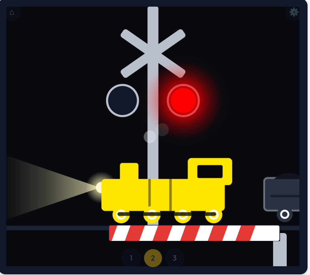 Railway crossing with a glowing red light, striped gate lowered and a yellow train passing.