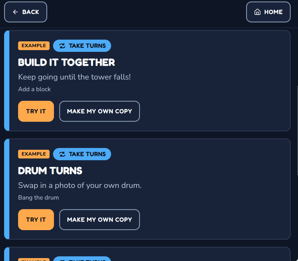 Example cards: Build It Together, a Take Turns game where you keep going until the tower falls, and Drum Turns, which suggests swapping in a photo of your own drum. Each has Try It and Make My Own Copy buttons.