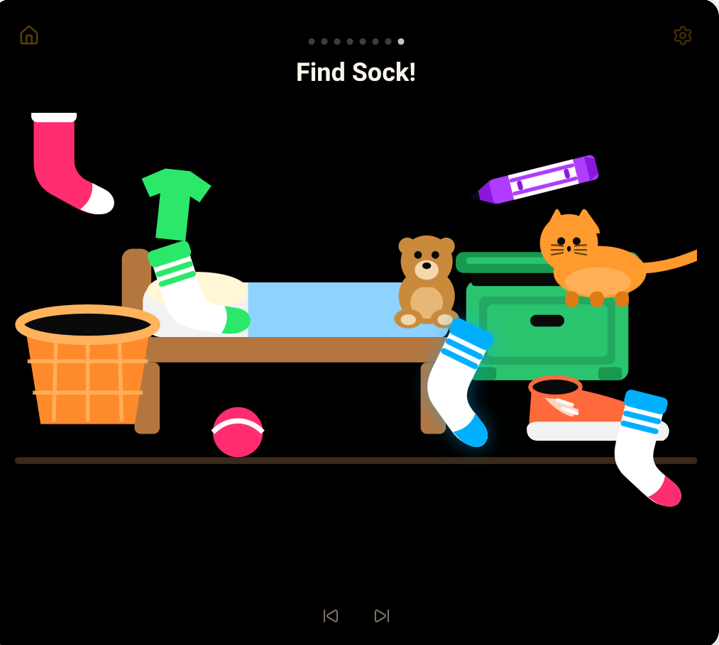 Find Sock! with many extra objects—other socks, a cat, teddy bear, crayon, ball, shirt and basket—around the glowing sock.