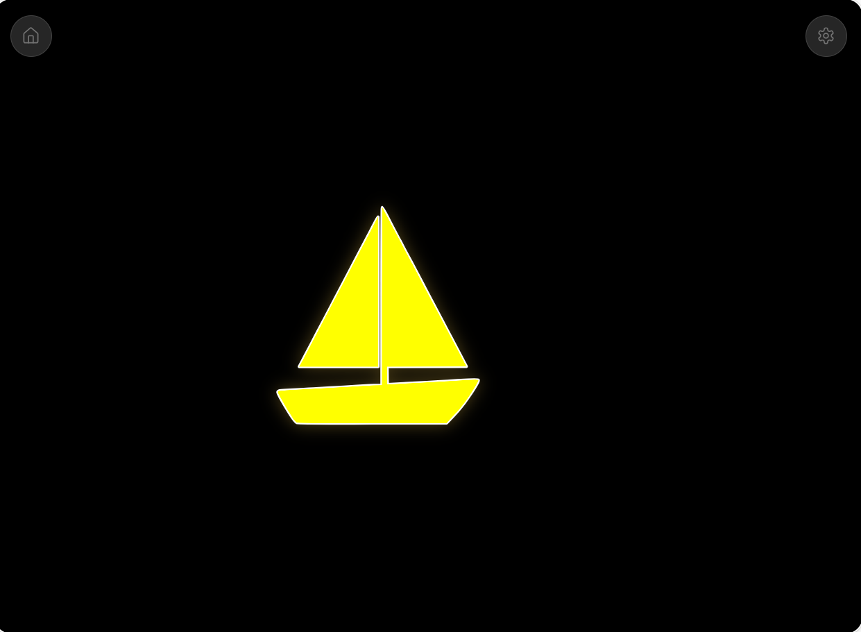 Track It learner screen: a single glowing yellow sailboat in the center of a plain black background.