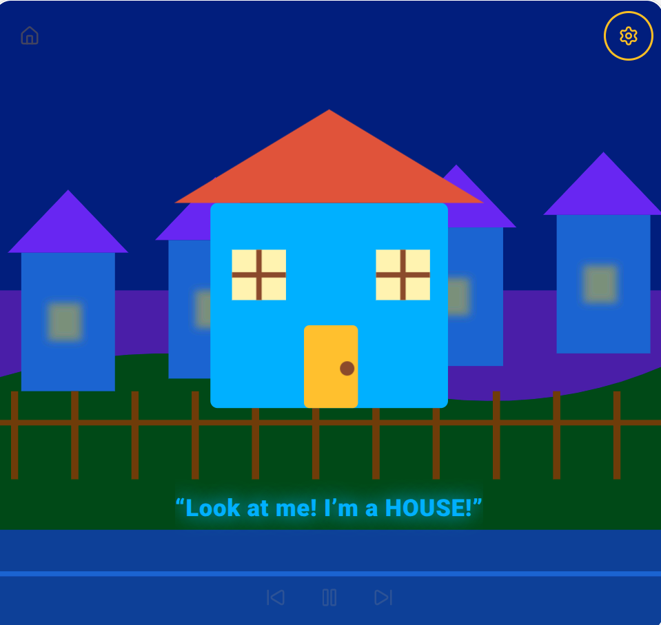 The same house in a night-time neighborhood with purple-roofed houses, green grass and a brown fence, captioned: Look at me! I'm a HOUSE!
