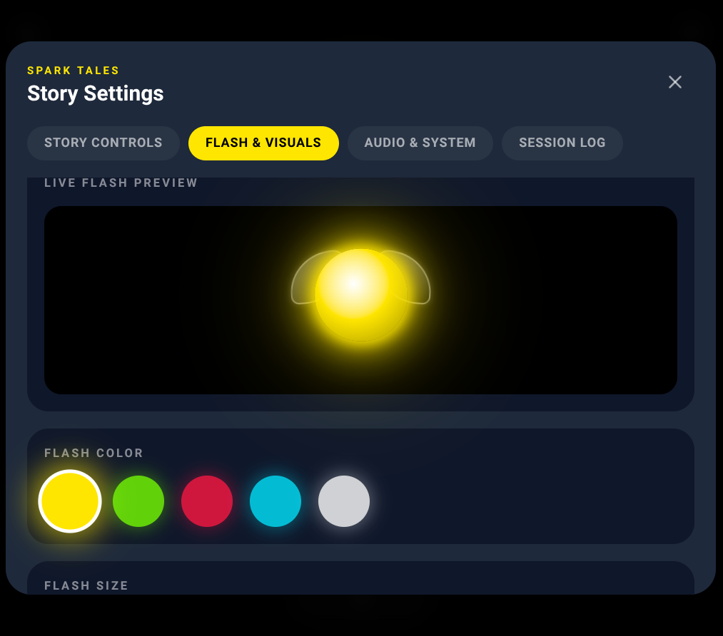 Spark Tales Story Settings, Flash & Visuals tab, with a live Flash preview and yellow, green, red, turquoise and white Flash color choices.