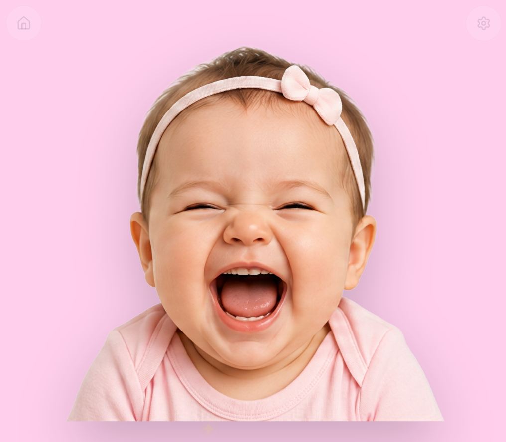 Baby bursts into joyful laughter, eyes squeezed shut and mouth wide open.