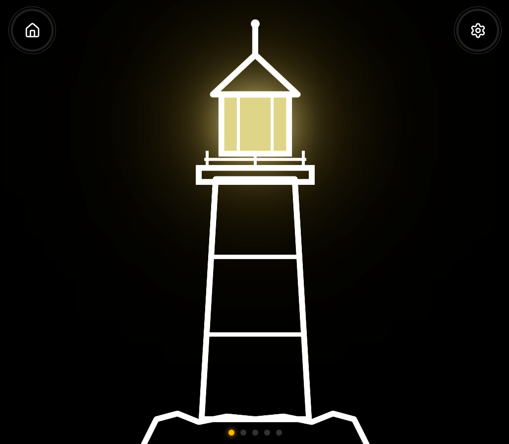 A white lighthouse outline on a black screen, its lantern room giving off a first soft yellow glow.