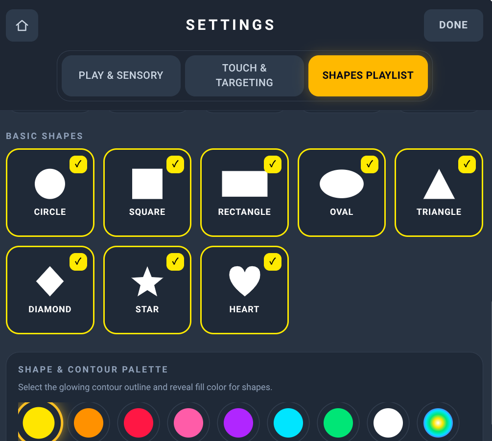Teacher settings, Shapes Playlist tab: selectable basic shapes such as circle, square, triangle, star and heart.