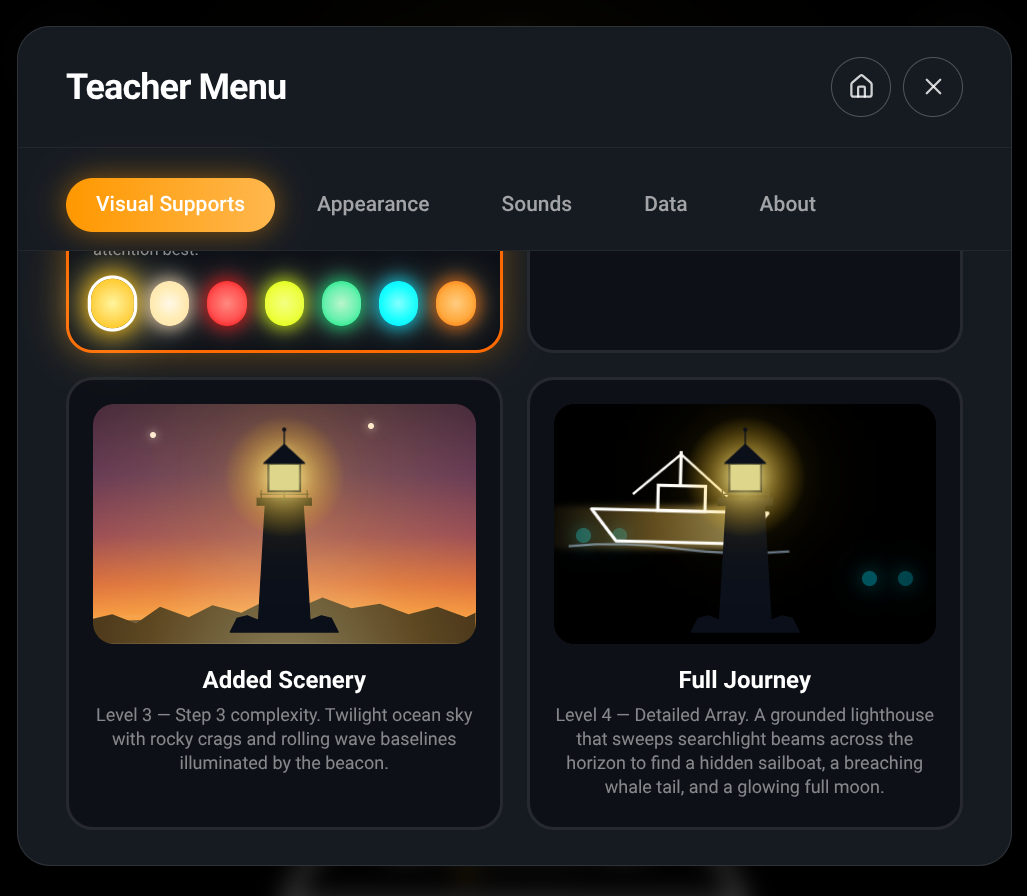 The Lighthouse Teacher Menu, Visual Supports tab: Added Scenery (lighthouse on a twilight ocean sky with rocky crags) and Full Journey (lighthouse sweeping a beam across a dark sea toward an outlined sailboat).