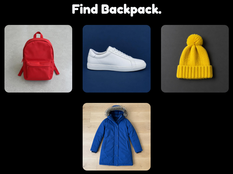 Find Backpack. with four choices: red backpack, white sneaker, yellow hat and blue coat.