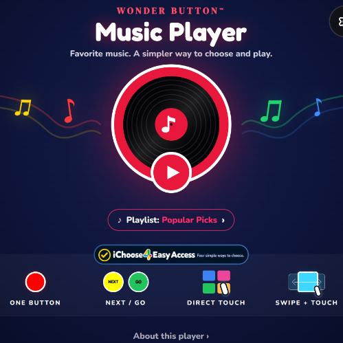 Wonder Button Music Player home screen: a glowing record with a big play button, and the four iChoose4 ways to choose along the bottom.