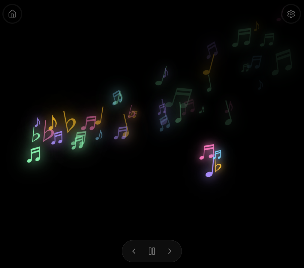 Glowing pink, purple, green, yellow and blue music notes floating across a black Spark Tales screen.