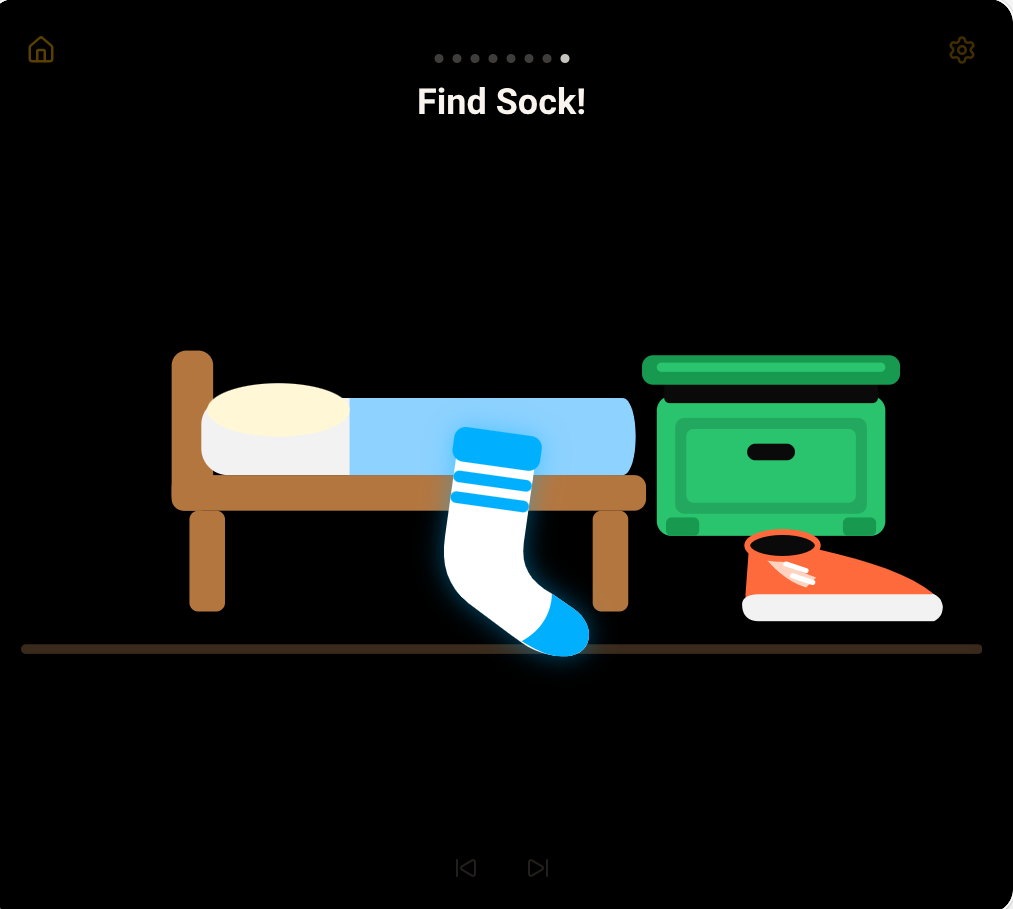 Find Sock! with only a bed, dresser and sneaker around the glowing sock.