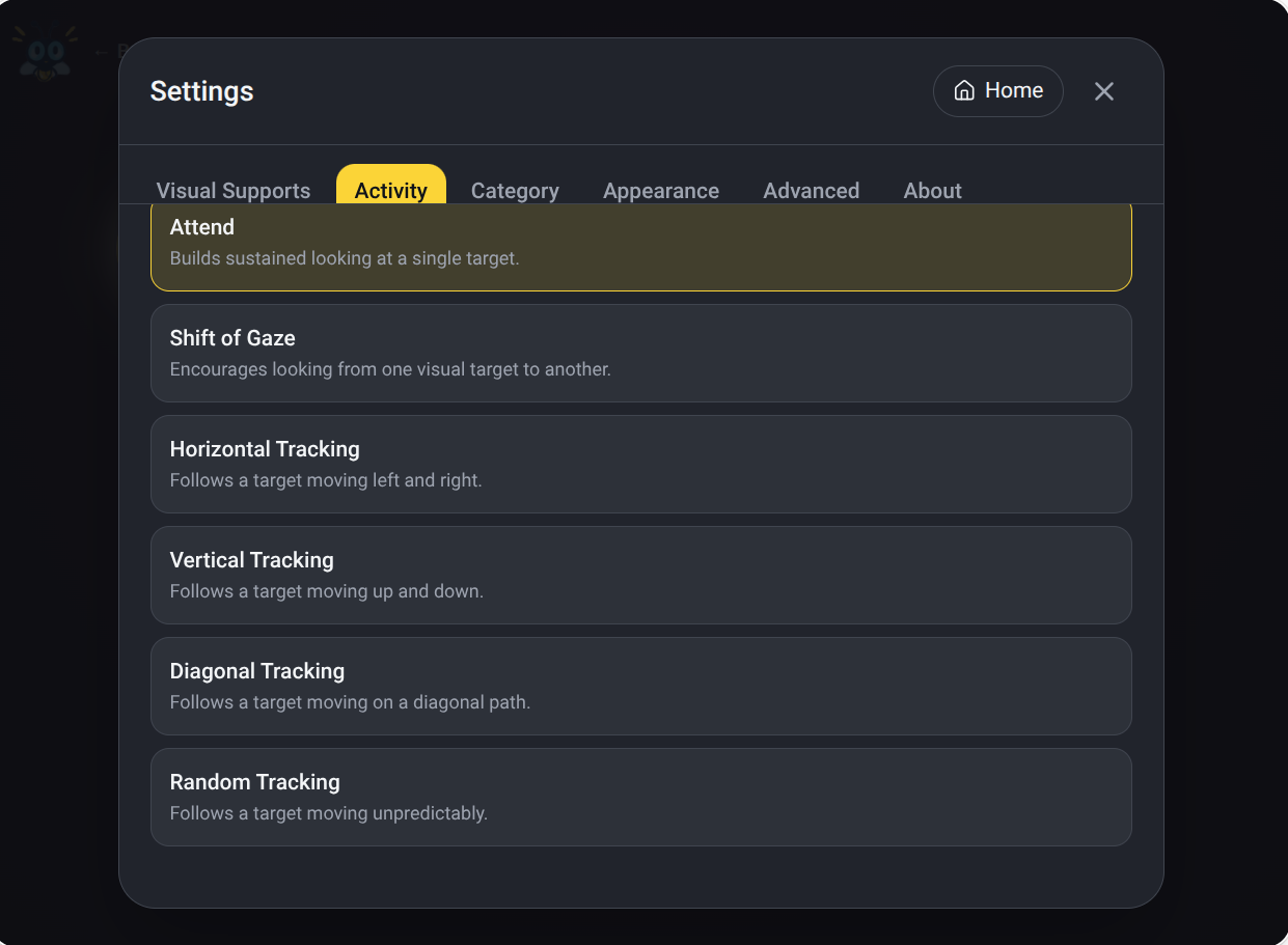Track It Activity settings listing Attend, Shift of Gaze, and Horizontal, Vertical, Diagonal and Random Tracking, each with a short description.