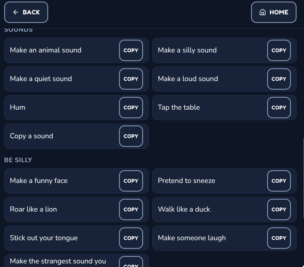 Built-in Sounds and Be Silly activities: animal sound, silly sound, hum, tap the table, funny face, pretend to sneeze, roar like a lion and walk like a duck.