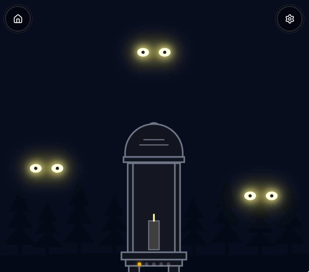 An unlit grey lantern in a dark forest, with three pairs of glowing eyes watching from the shadows.