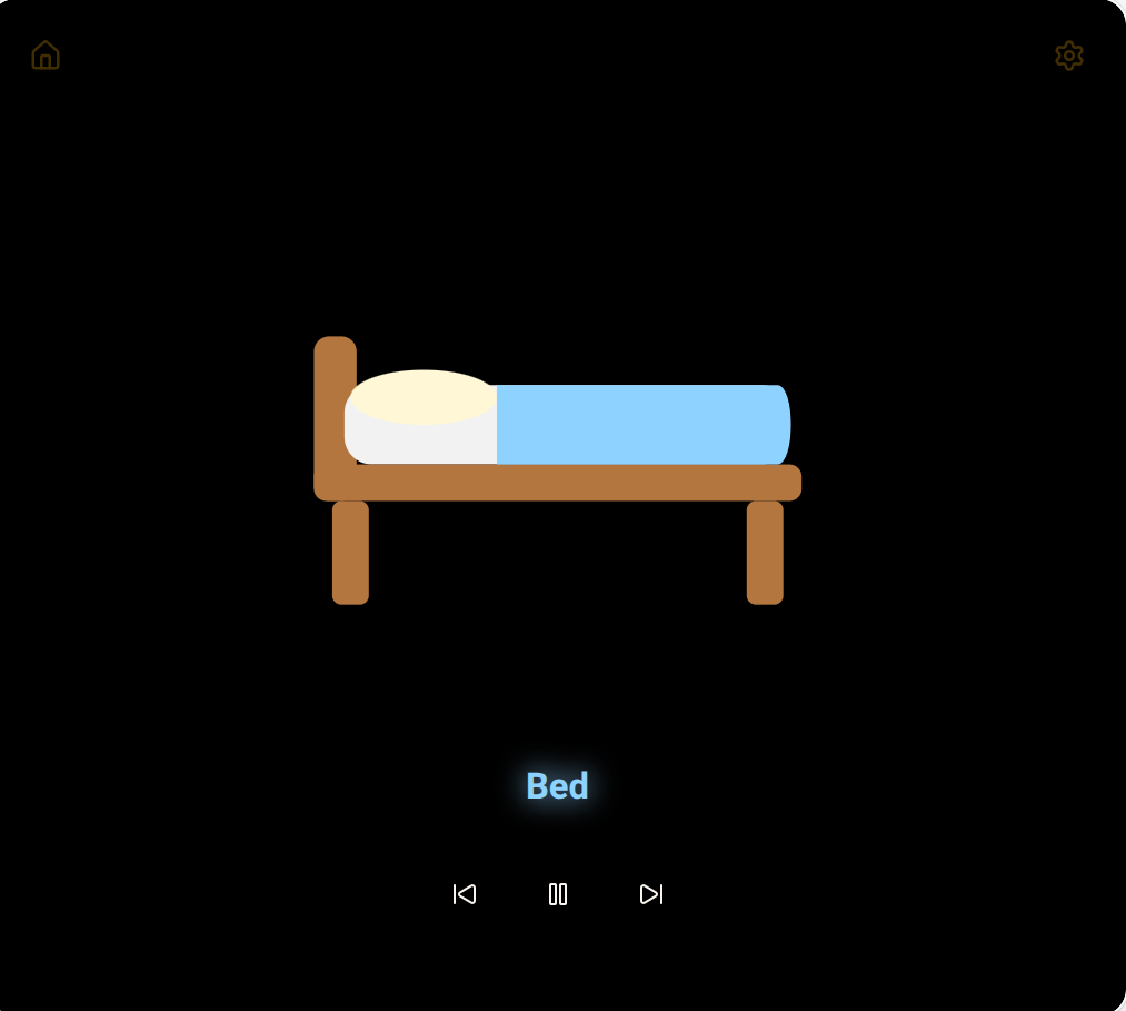 Practice screen showing a single bed on a black background with the word Bed underneath.