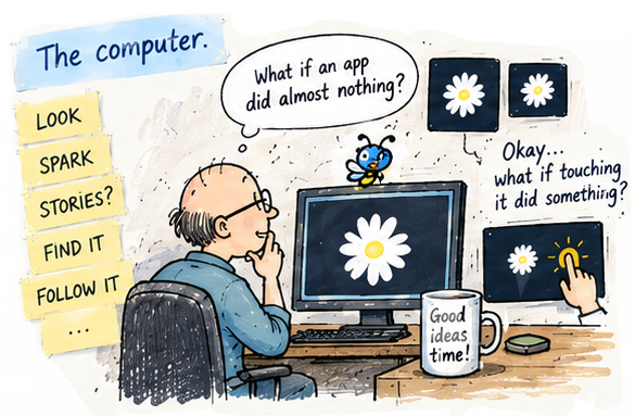 The computer. A man sits at a computer showing a flower, with sticky notes reading Look, Spark, Stories?, Find It, Follow It. Thought bubble: What if an app did almost nothing? Answer: Okay… what if touching it did something? A mug reads: Good ideas take time!