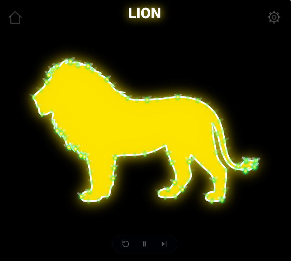 The completed outline transformed into a bright yellow lion silhouette with a glowing edge.