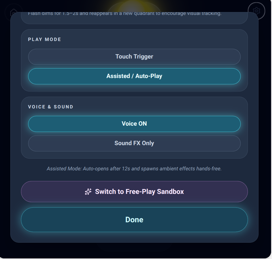 Spark Surprise settings showing Touch Trigger, Assisted / Auto-Play, Voice ON, Sound FX Only, Switch to Free-Play Sandbox and Done.