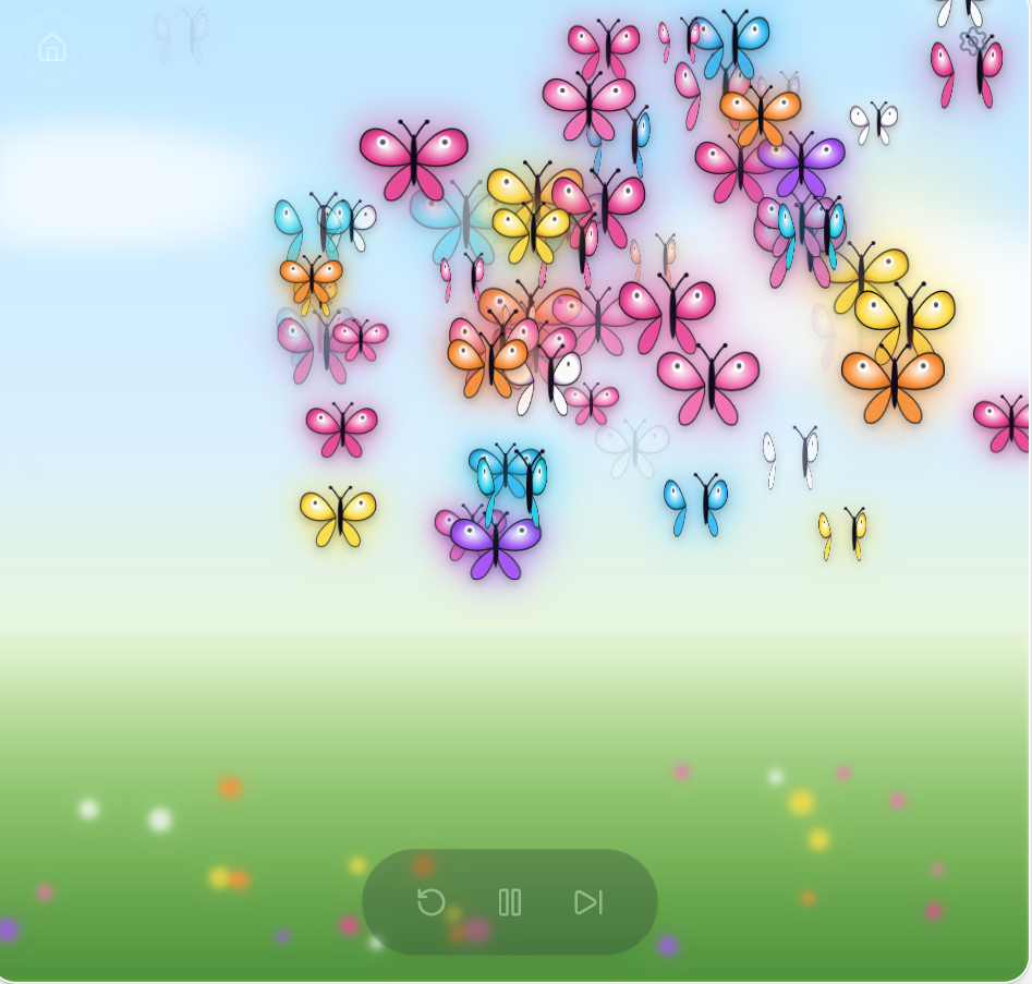 Colorful butterflies fluttering above a green meadow in a Spark Surprise world.