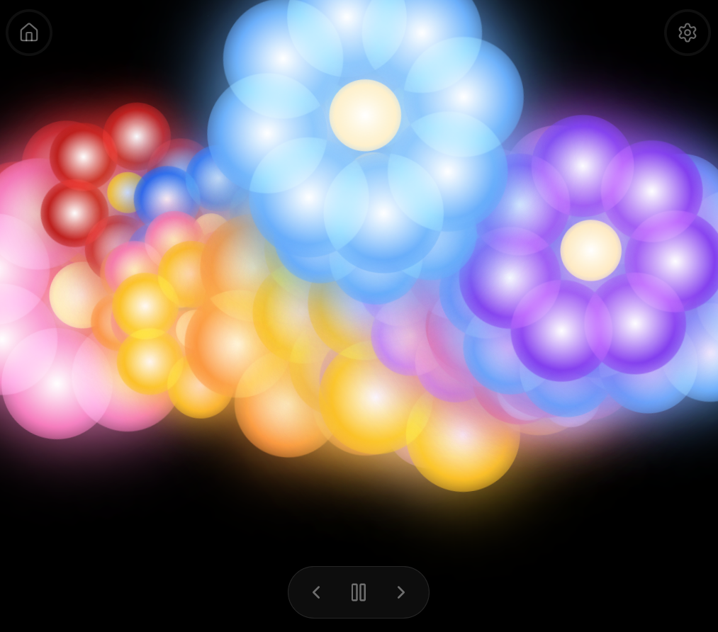 Large glowing blue and purple flowers among soft pink, orange and yellow lights in a Spark Tales scene.