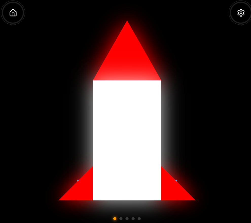 A simple rocket made of bold shapes, a white body with a red nose and red fins, glowing against a black background.