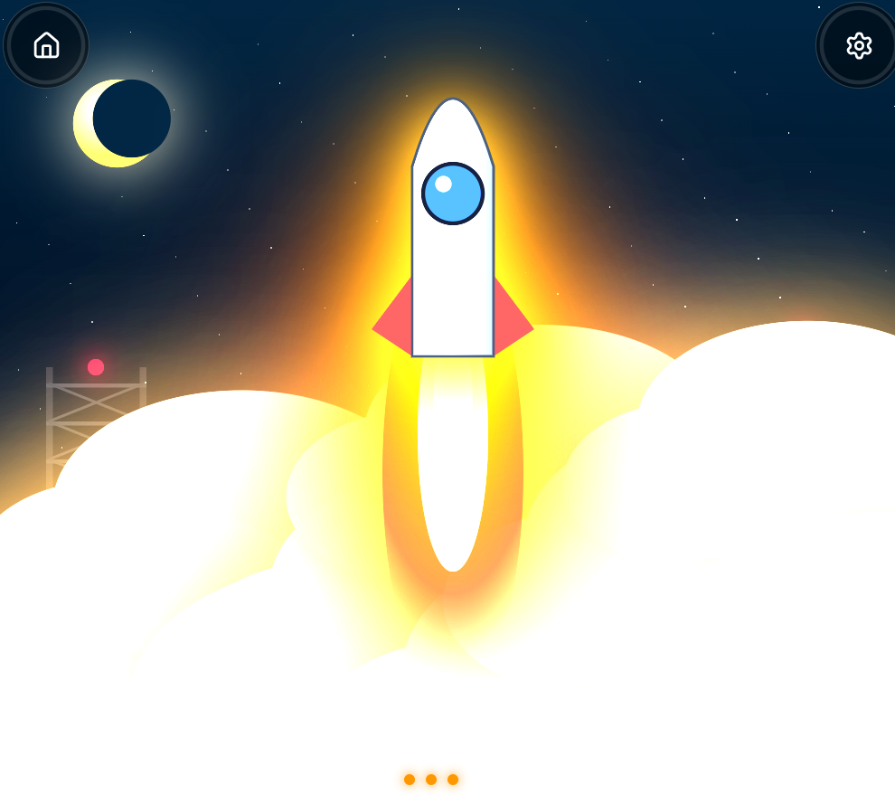 The rocket rises high above billowing white smoke on a long, bright yellow flame, with the crescent moon in the night sky.