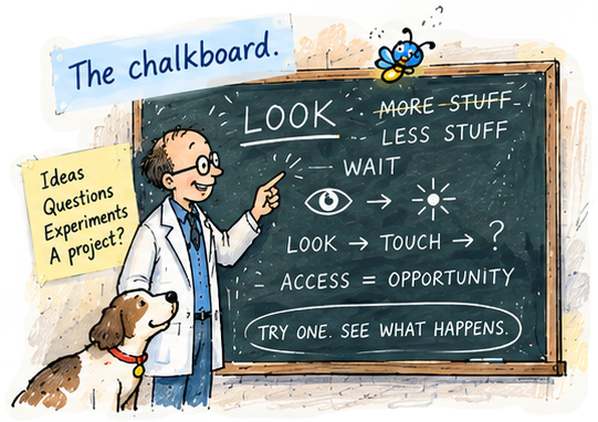 The chalkboard. A teacher points at a chalkboard while a dog and Flash the firefly watch. The board reads: Look, Wait, Look → Touch → ?, Access = Opportunity, and Try one. See what happens. A note asks: Ideas, Questions, Experiments, A project?