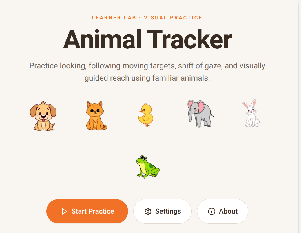 Animal Tracker home screen: the title above a row of cartoon animals and Start Practice, Settings and About buttons.