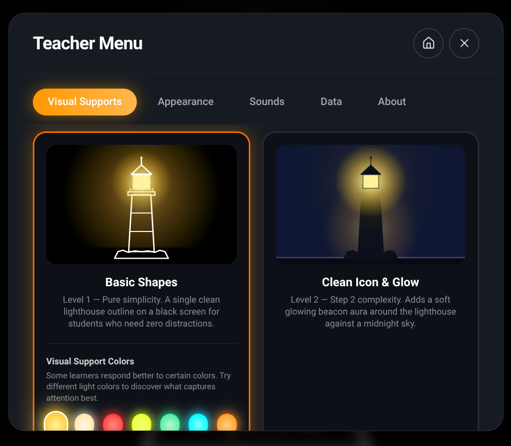 The Lighthouse Teacher Menu, Visual Supports tab: Basic Shapes (white lighthouse outline on black) and Clean Icon & Glow (lighthouse with a soft glowing beacon against a midnight sky), with a row of visual support color choices.