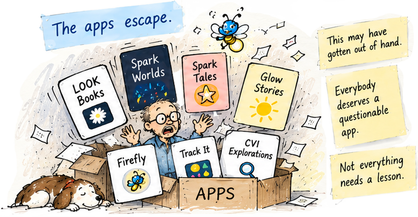The apps escape. A startled man is surrounded by apps jumping out of a box marked APPS: LOOK Books, Spark Worlds, Spark Tales, Glow Stories, Firefly, Track It, and CVI Explorations, with a sleeping dog nearby. Notes: This may have gotten out of hand. Everybody deserves a questionable app. Not everything needs a lesson.