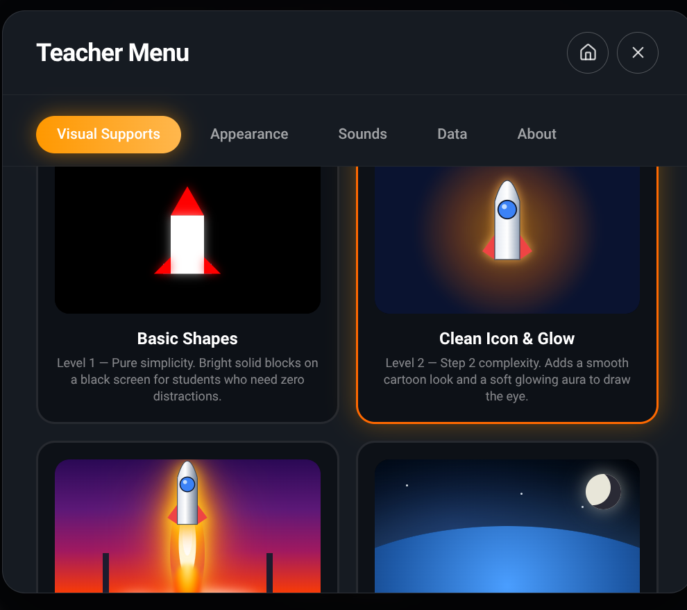 Rocket Launch Teacher Menu, Visual Supports tab: Basic Shapes (red-and-white block rocket on black) and Clean Icon & Glow (cartoon rocket with a soft glow on navy), with previews of the richer scenery levels below.