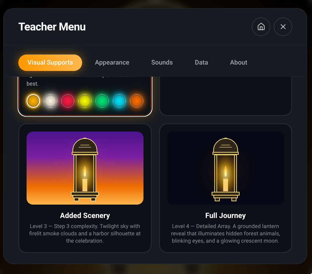 Lantern Lights Teacher Menu, Visual Supports tab: Added Scenery (lantern on a purple-to-orange twilight sky) and Full Journey (lantern on a dark forest background).