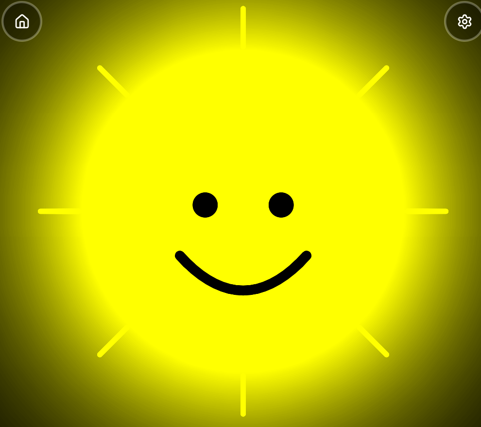 The glowing yellow sun is wide awake with a big smile, its rays shining against the darkness.