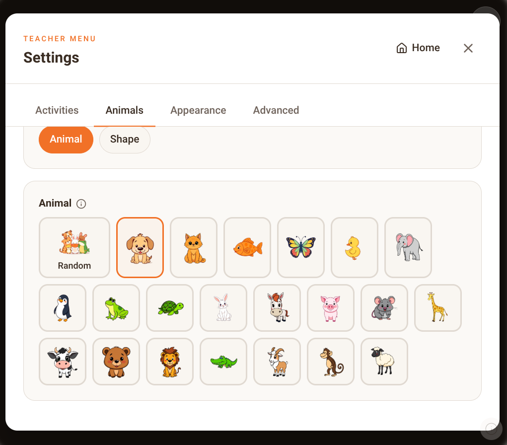 Teacher Menu Animals tab with an Animal or Shape choice and a grid of over twenty cartoon animal characters.