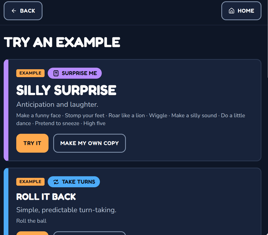 Try an Example screen: Silly Surprise, a Surprise Me game for anticipation and laughter, above Roll It Back, a Take Turns game with Roll the ball.