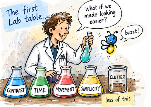 The first Lab table. A teacher in a lab coat holds a flask as Flash the firefly buzzes past. Speech bubble: What if we made looking easier? Lab flasks labelled Contrast, Time, Movement, Simplicity, and a jar labelled Clutter with a note: less of this.