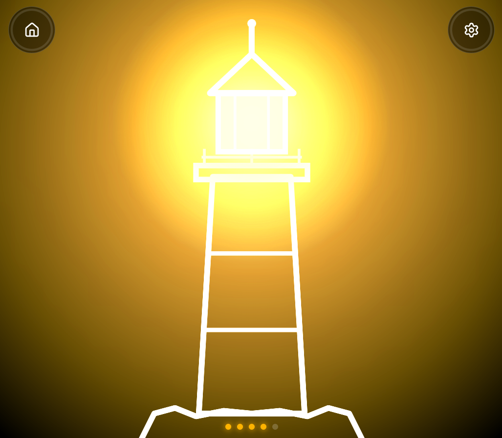 The beacon blazes bright yellow, flooding the white lighthouse outline and the whole screen with warm golden light.