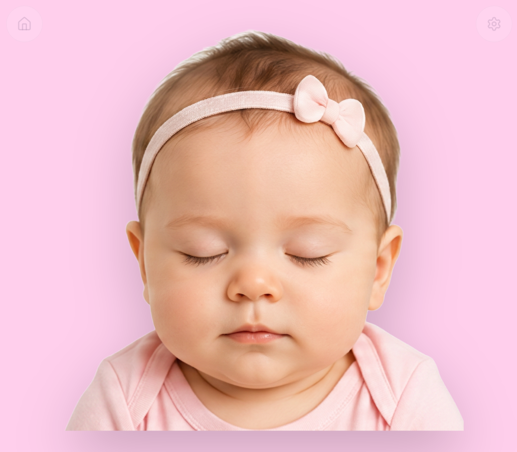 Baby asleep with eyes closed, wearing a pink headband with a bow, on a pink background.