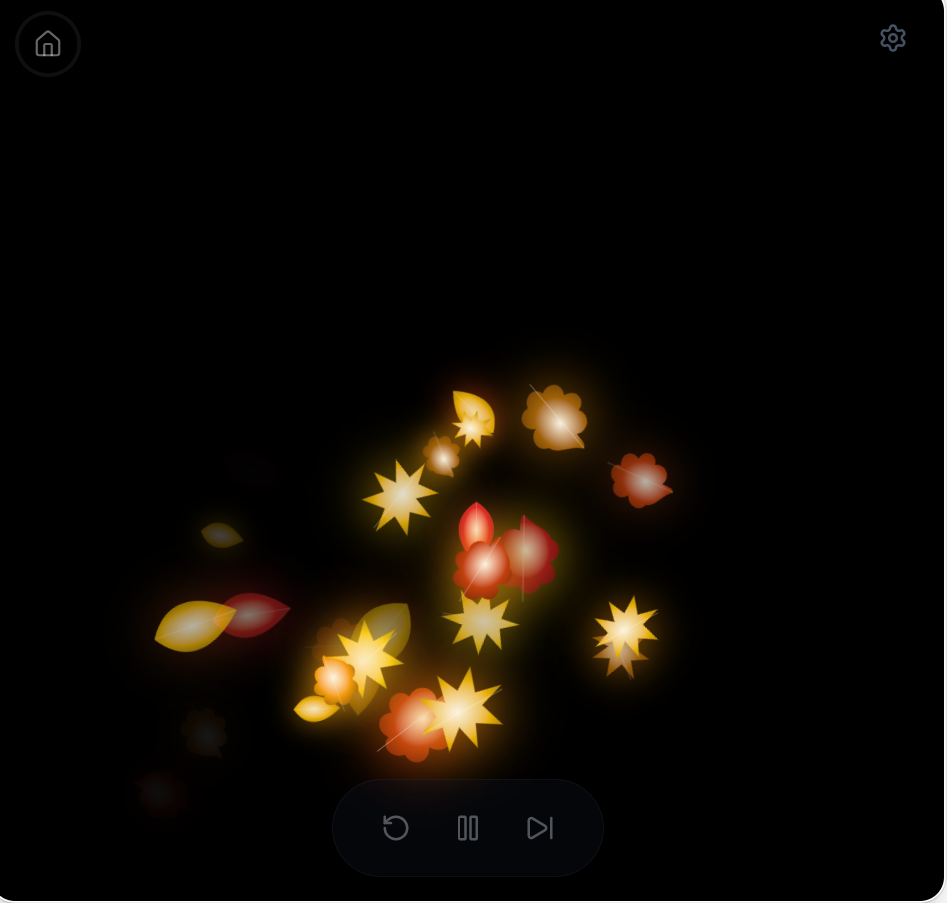 A cluster of glowing golden stars, orange flowers and yellow leaves against a black Spark Surprise screen.