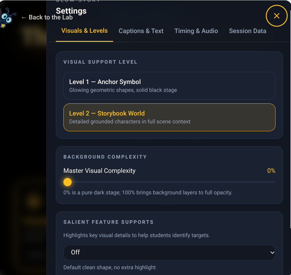 Settings panel with Visual Support Level choices (Level 1 Anchor Symbol, Level 2 Storybook World), a background complexity slider, and salient feature supports.