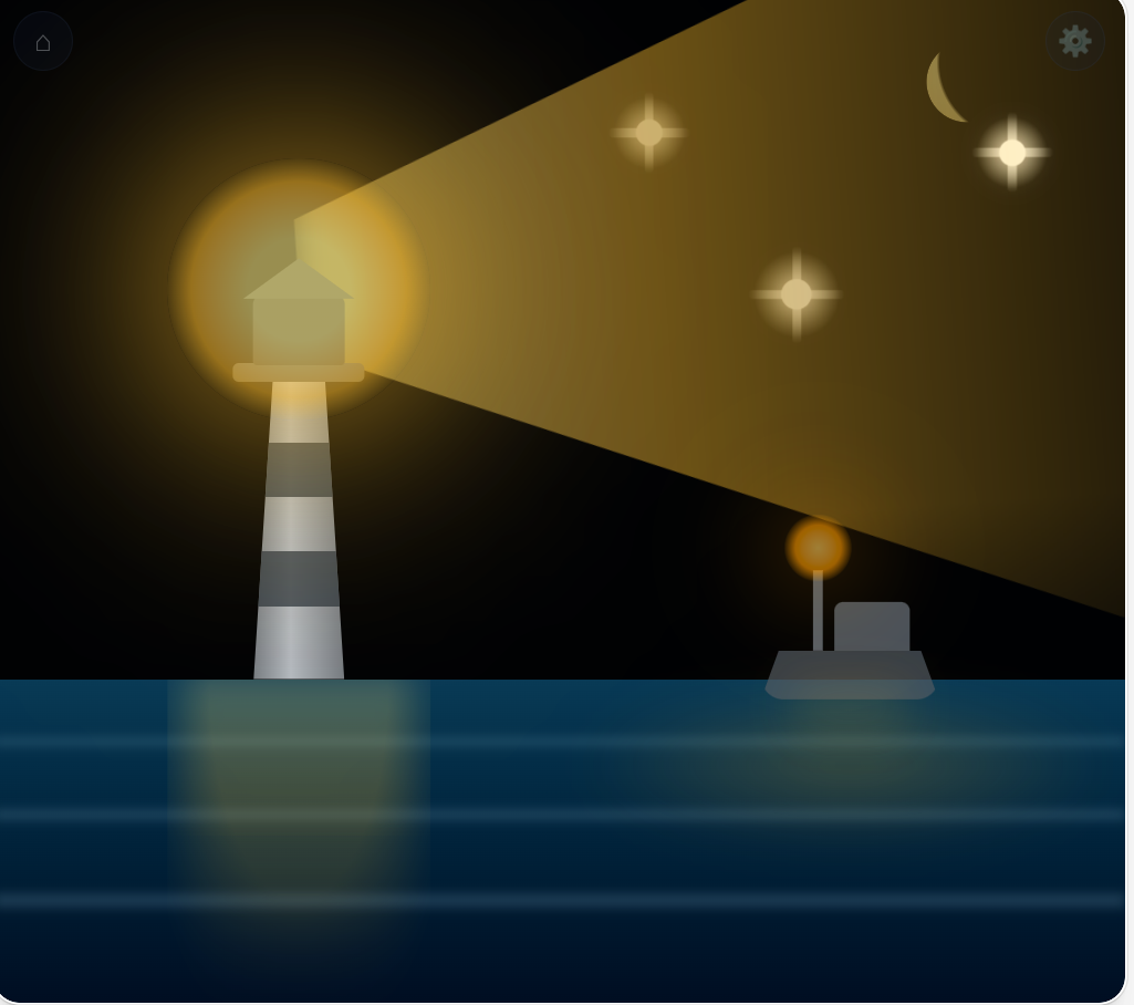 Lighthouse on a dark coast sending a golden beam across the sky toward a small boat.