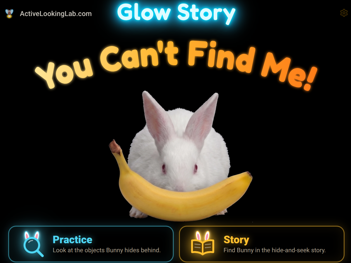 Glow Story cover “You Can’t Find Me!”: a white bunny peeking over a yellow banana on black, with Practice and Story buttons.