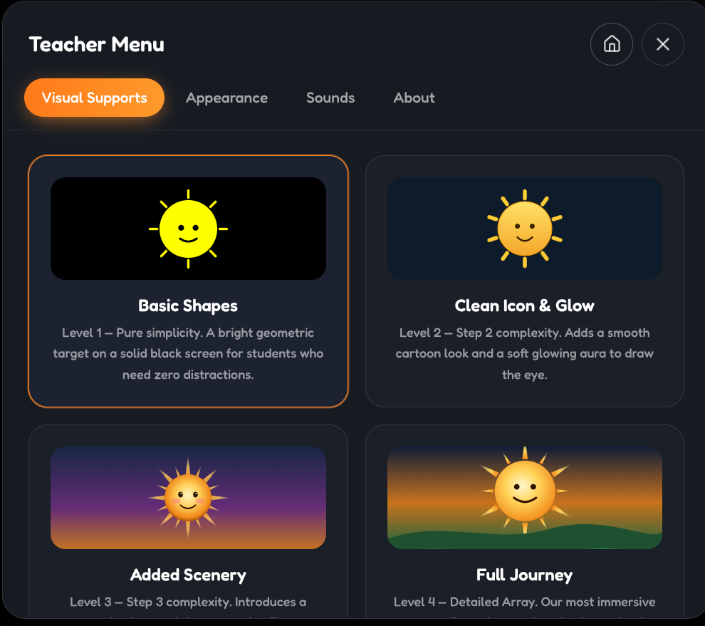 Smiling Sun Teacher Menu, Visual Supports tab: Basic Shapes (yellow sun on black), Clean Icon & Glow (cartoon sun on navy), Added Scenery (sun on a purple-to-orange sky) and Full Journey (sun over green hills at sunrise).