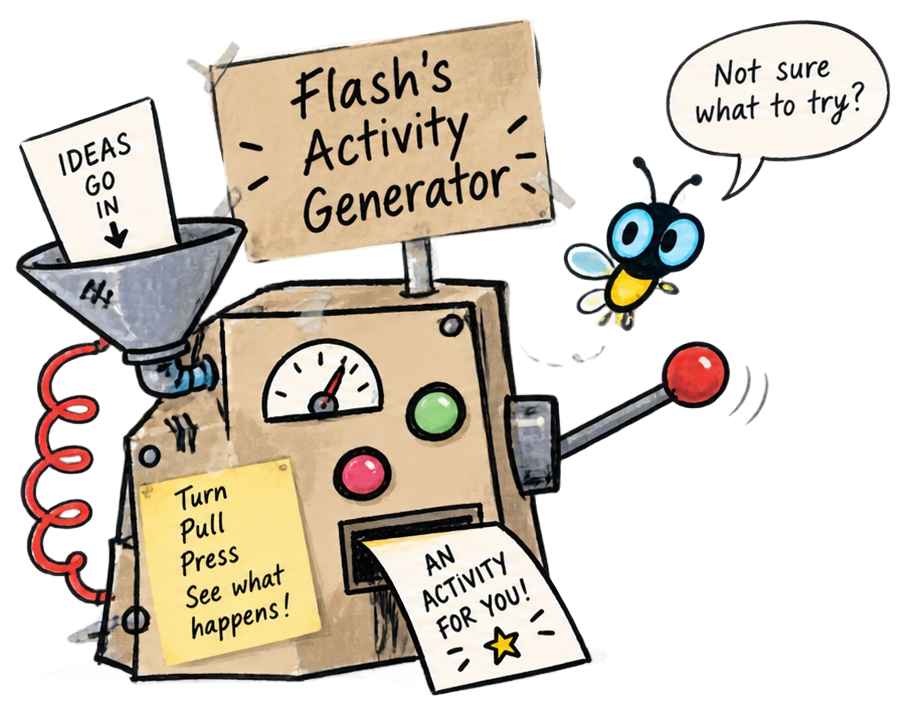 Flash beside a hand-drawn contraption labelled Flash's Activity Generator