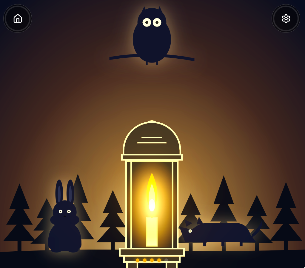 The lantern's warm glow fills the scene, revealing the owl, a rabbit and a fox among silhouetted pine trees.