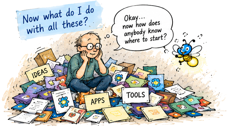 Now what do I do with all these? A man sits buried in a pile of ideas, apps and tools while Flash the firefly asks: Okay… now how does anybody know where to start?